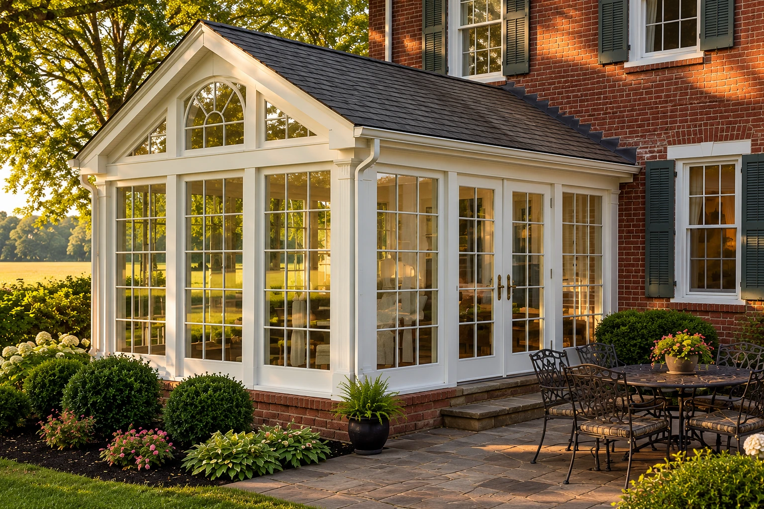 White-framed four-season sunroom attached to a brick house, with a steep gabled roof, garden beds, and an outdoor dining set.