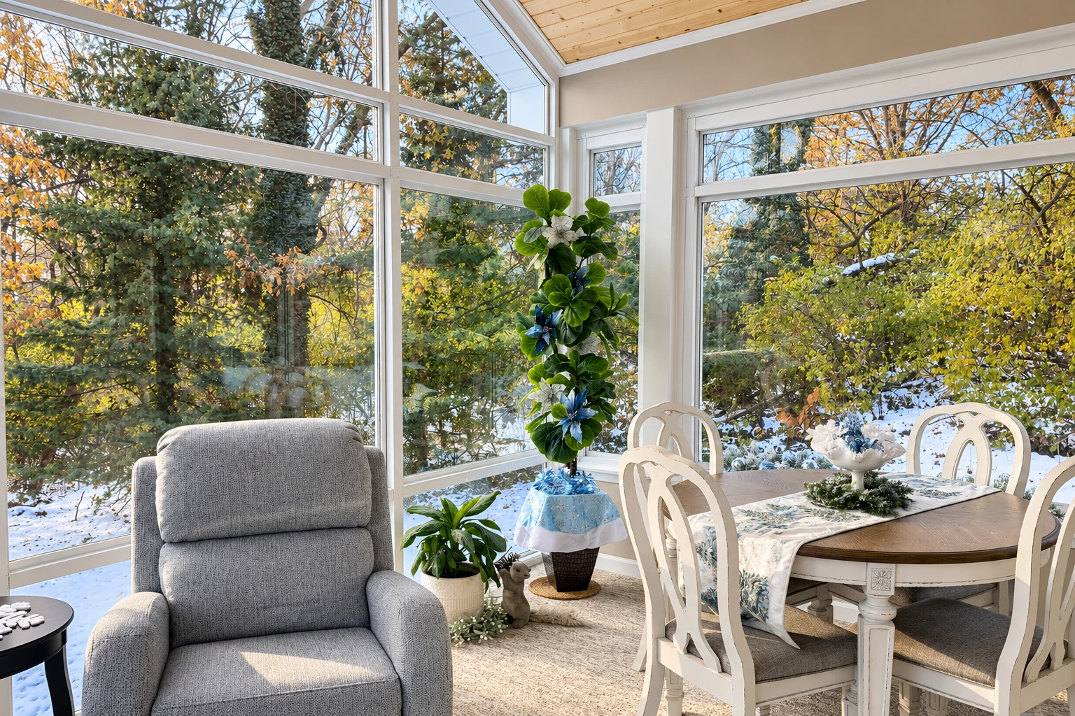 Bright all-season sunroom with a gray armchair and dining table, surrounded by tall windows overlooking a snowy garden.