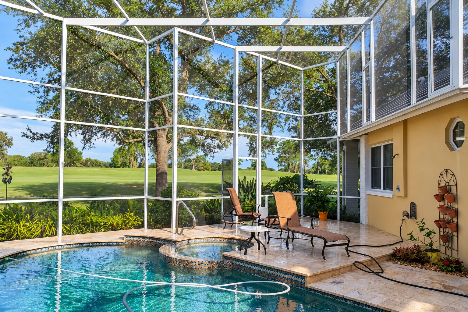 A screened patio enclosure surrounds a pool, with white framing, lounge chairs, and views of a tree-lined lawn.