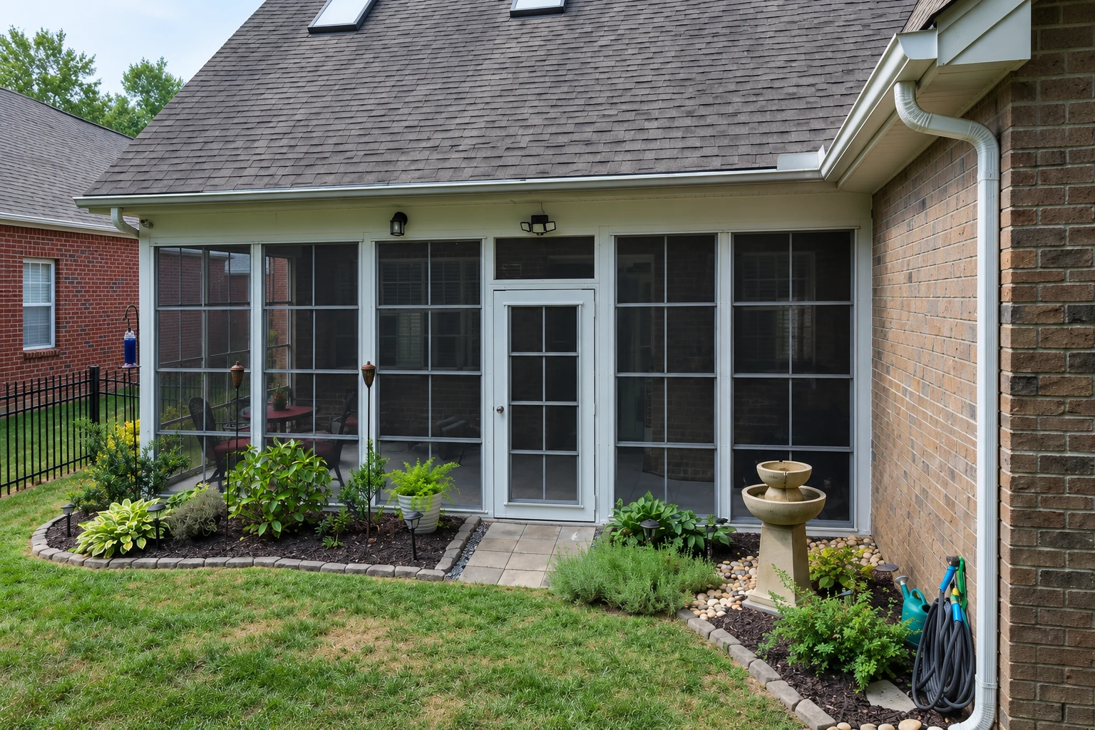 Screened patio enclosure with a central door, attached to a brick house and bordered by garden beds.