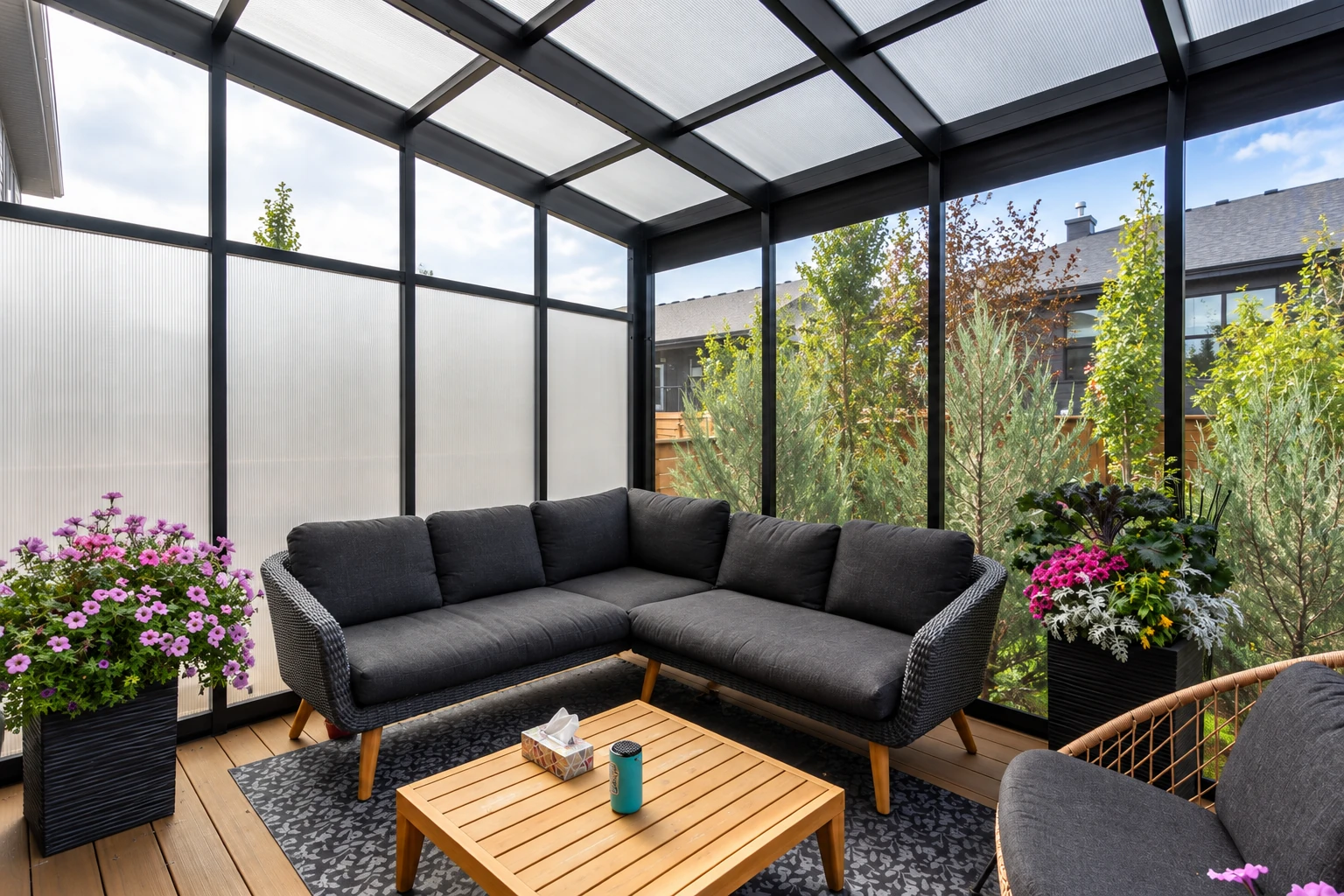 A patio enclosure with a dark metal frame and translucent roof shelters a sectional sofa, coffee table and flower planters.