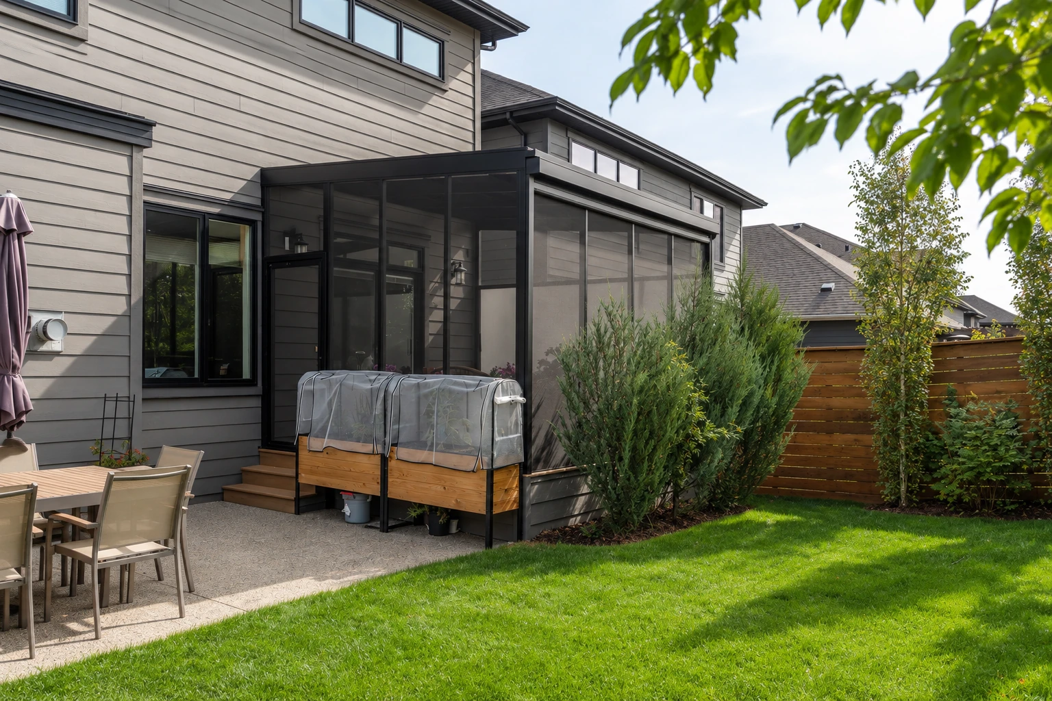 A dark-framed screened patio enclosure extends from a gray house, beside a lawn, shrubs, and outdoor dining furniture.