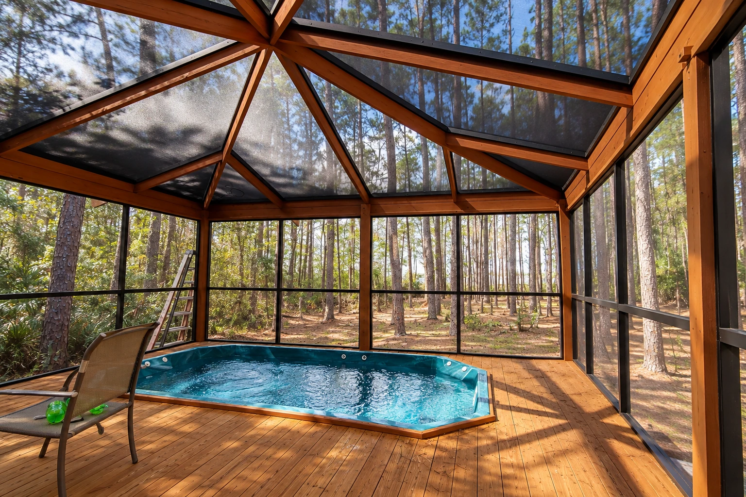 A wood-framed screened sunroom has a peaked roof, a small pool, deck flooring and views of a pine forest.