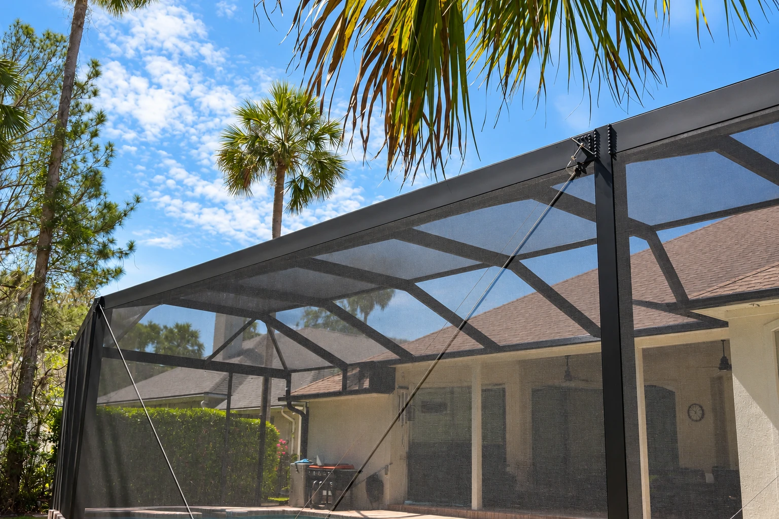 A black-framed screen enclosure covers a patio beside a house, with mesh walls and roof set beneath palm trees.