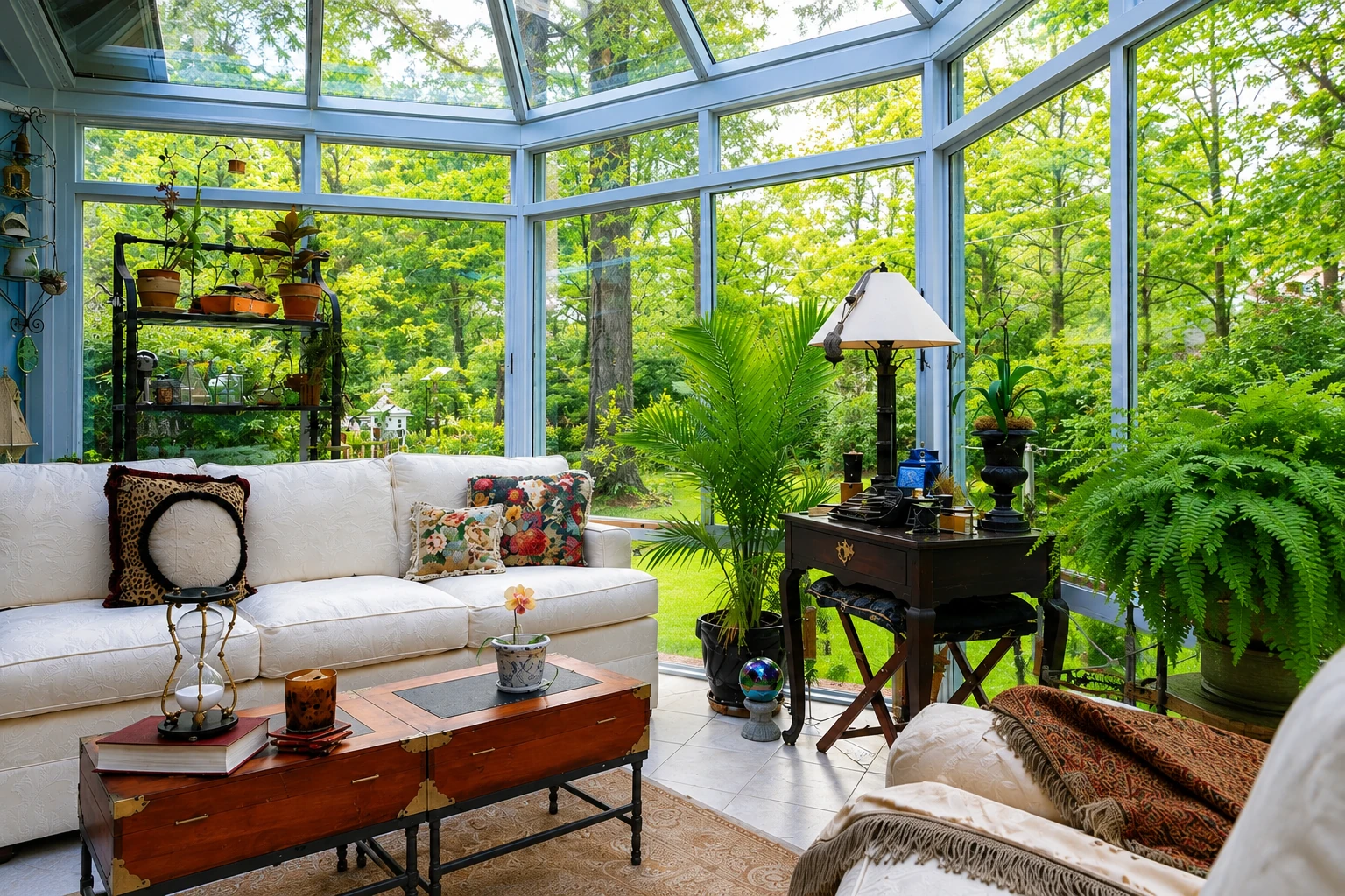 Bright glass solarium with a sloped glazed ceiling, white sofa, plants, and wooden tables overlooking a leafy garden.