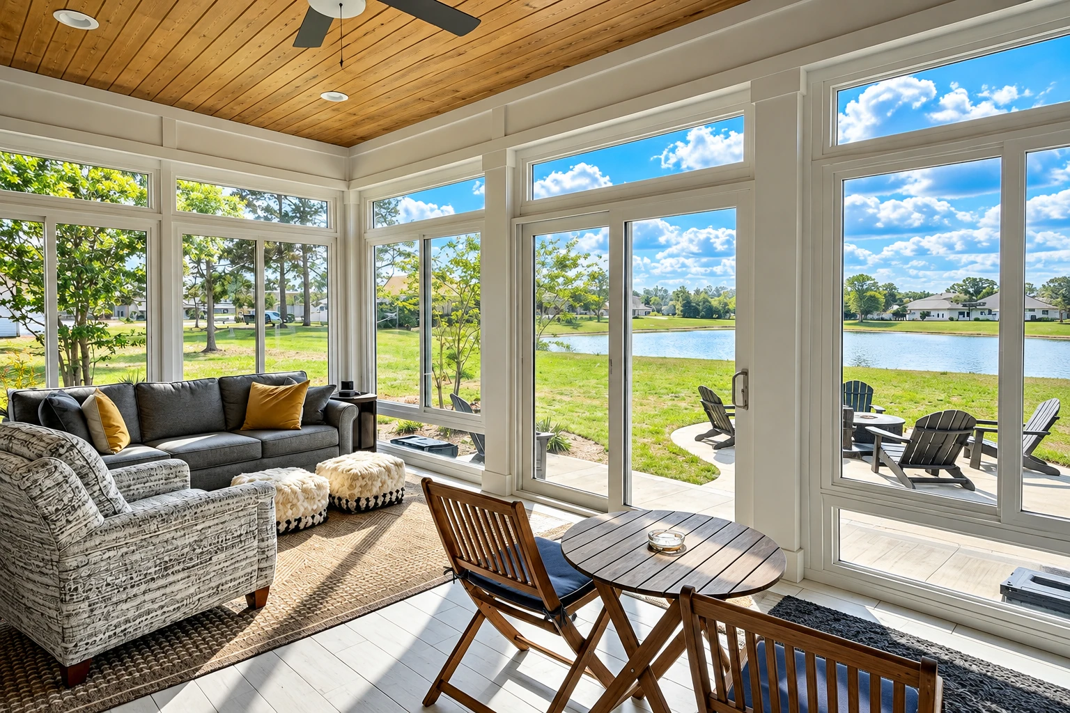 Bright sunroom addition with a wood-paneled ceiling, glass walls, and seating overlooking a lawn and pond.