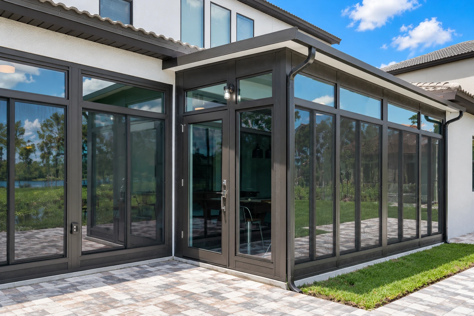 A dark-framed glass sunroom addition wraps around a white house, with a central entry door and a paved patio outside.