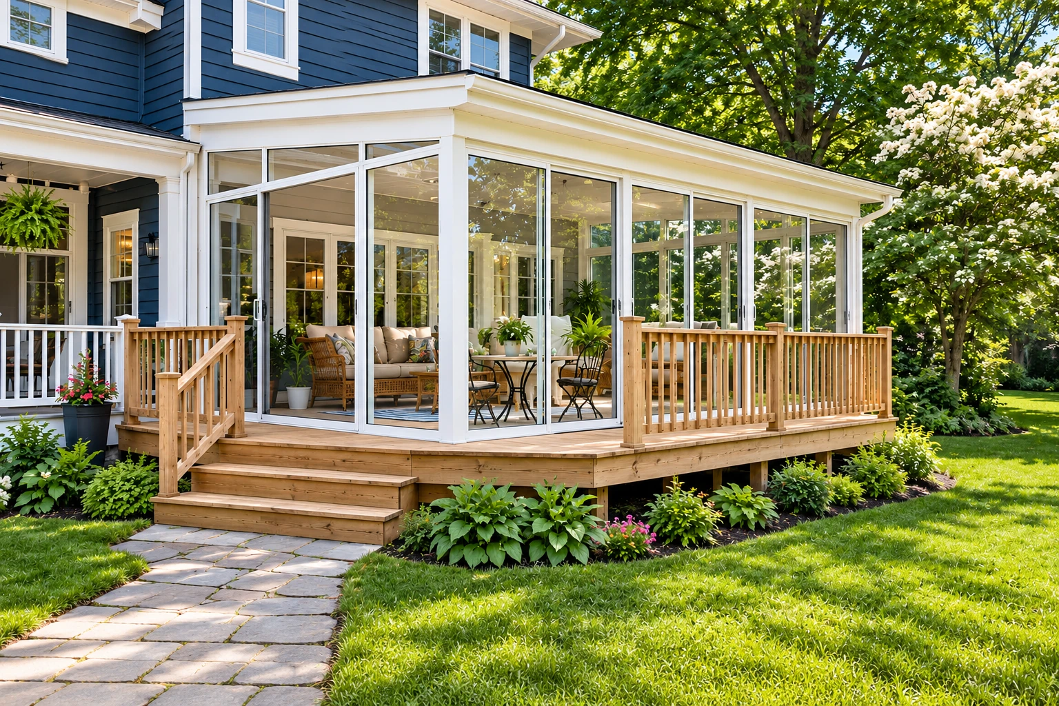 White-framed sunroom extending from a dark blue house, with large glass doors, a raised wooden deck, and surrounding garden.