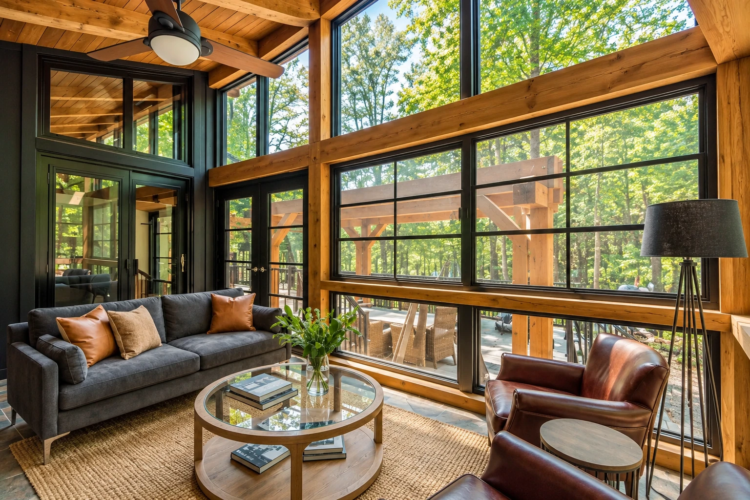 A custom sunroom with warm timber beams and large black-framed windows contains a sofa, leather chairs and a glass coffee table.