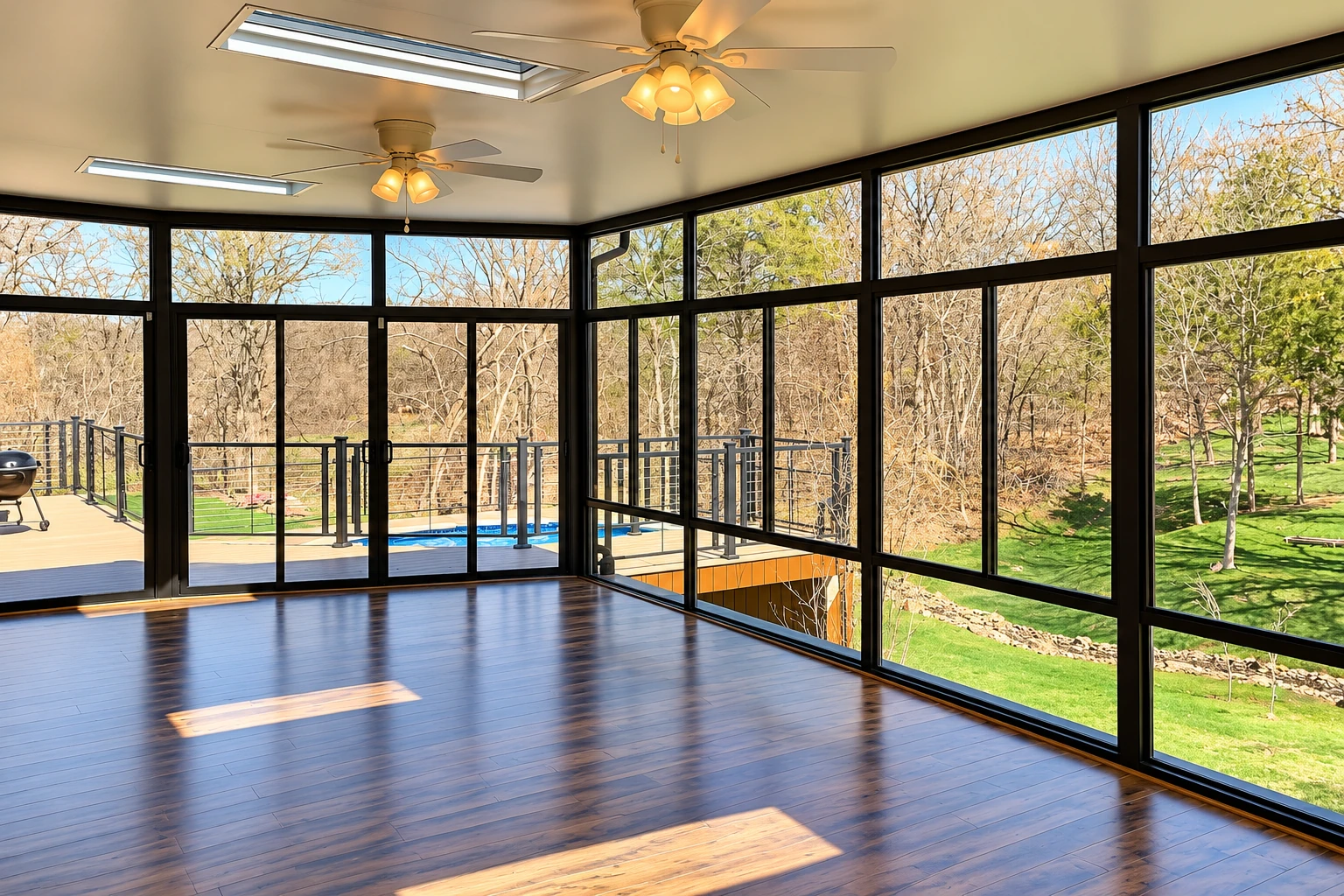 A bright remodeled sunroom has dark-framed windows, polished wood flooring, ceiling fans and views of a deck and garden.