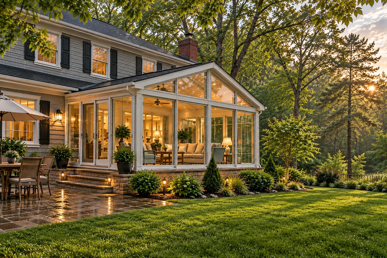 A white-framed glass sunroom extends from a gray house, with warm interior lights, patio seating, and a wooded yard at sunset.