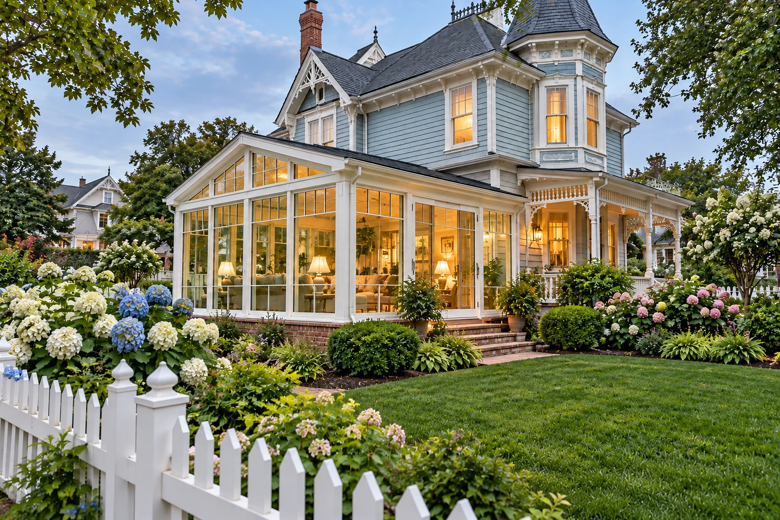 White-framed vinyl sunroom attached to a blue Victorian-style house, with warm interior lights and flower-filled gardens.
